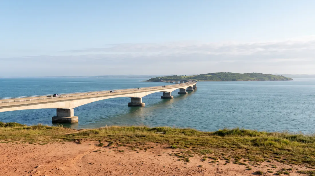 Generated scene: a long low concrete bridge curving across a blue-green strait toward a green island, red sand in the foreground; not a photograph of a specific bridge.