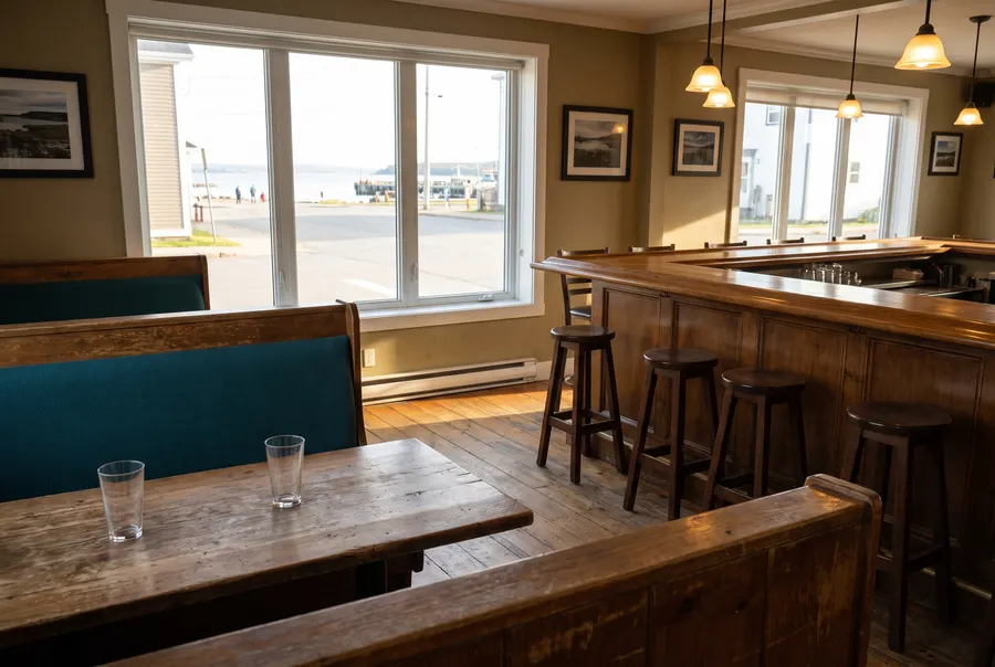 Generated scene: a quiet bar and grill with teal booths and a wooden bar in afternoon light; not a photograph of the restaurant.